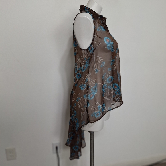 Cecico Sheer Brown Floral Academia Collared Button Down Hi-Lo Hem Top Size L - Picture 7 of 14